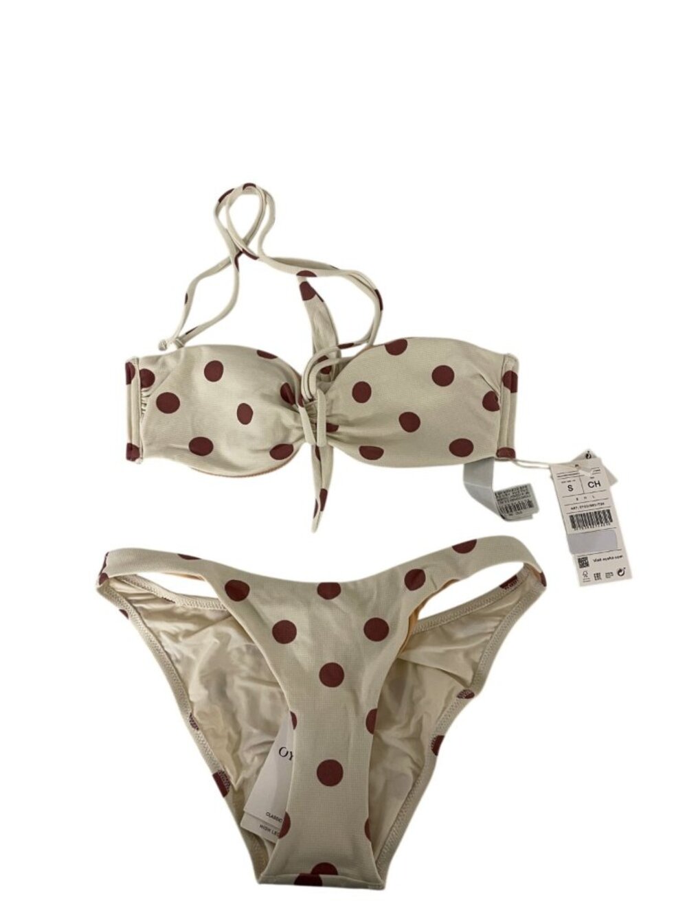 Oysho Womens Brazilian Bikini Set Small White Mauve Polka Dot Tie Detail NWT